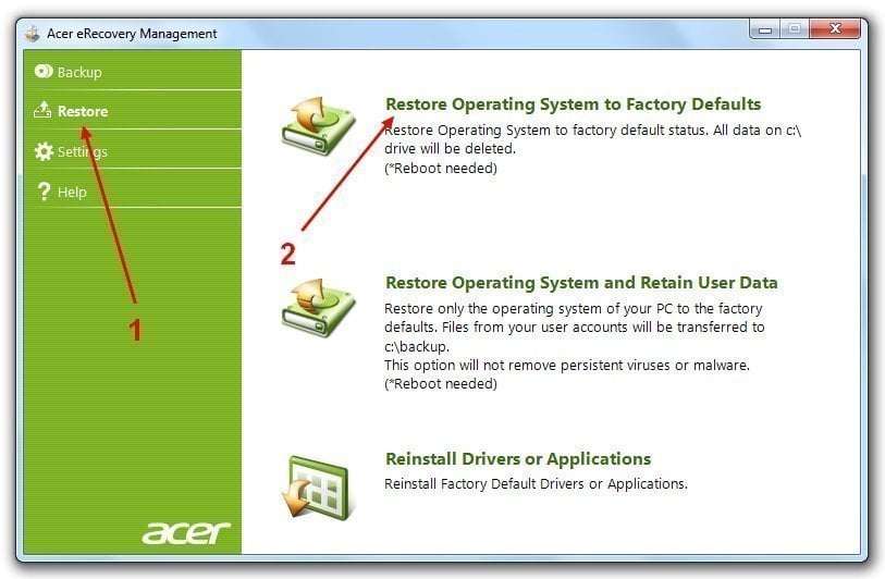 acer erecovery management