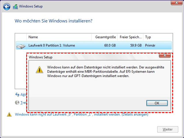 Gelöst: „Windows kann auf dem Datenträger nicht installiert werden“ für  MBR-Festplatte in Windows 11