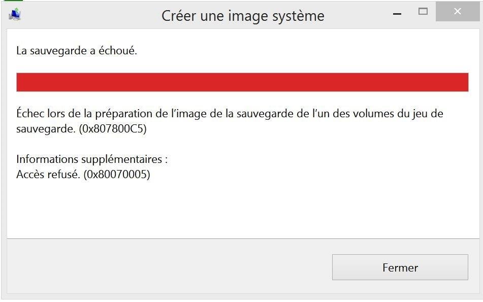 Échec de sauvegarde Windows (0x807800C5)